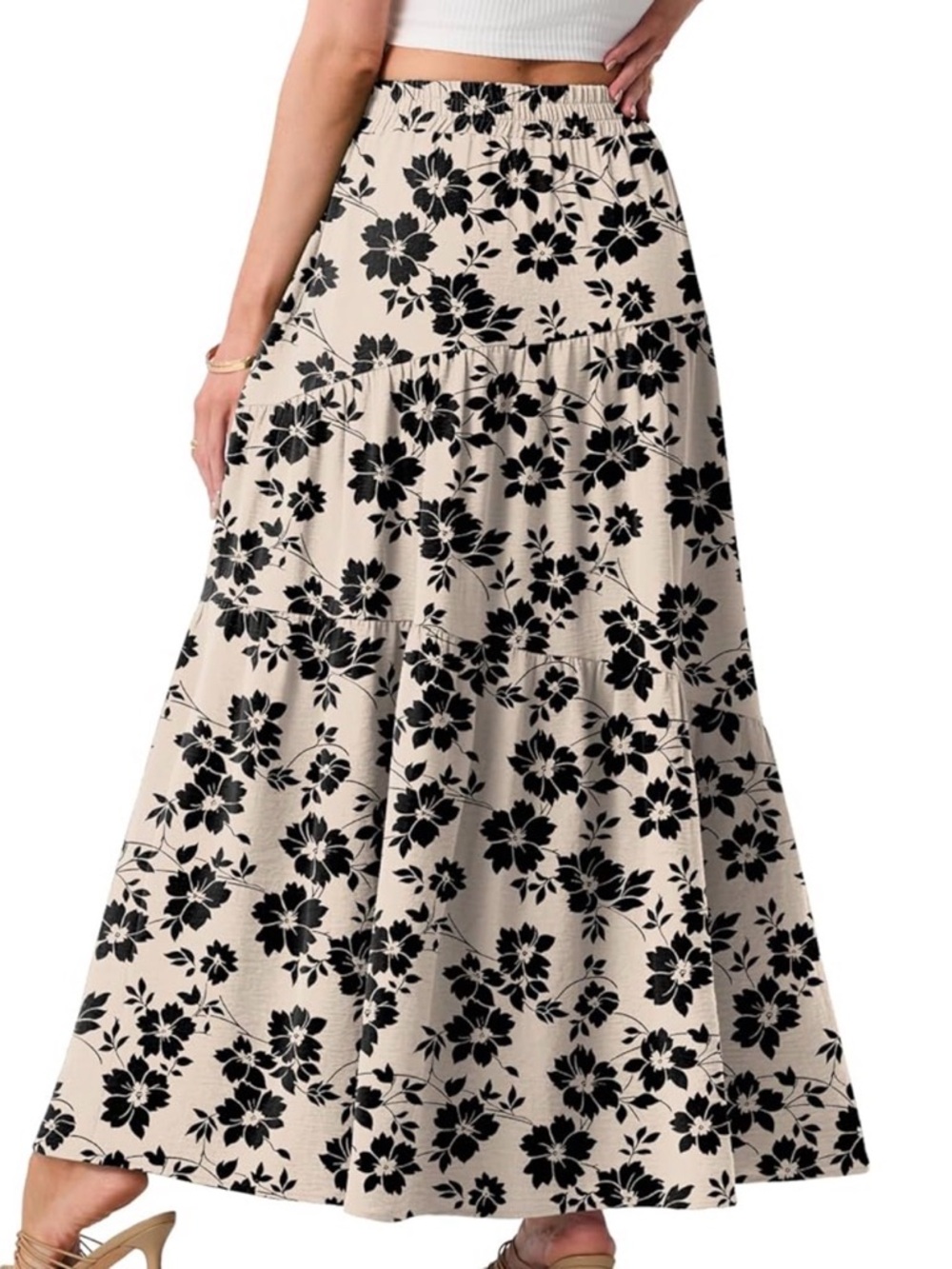 Cream Maxi Skirt with Black Floral Print. Size Large - Picture 3 of 3